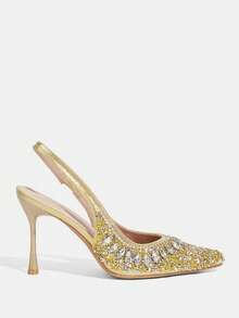 CUCCOO TILAWA Sapatos Femininos Dourados Novos Salto Alto Fino Pontudo com Elevação Traseira, Moda Deslumbrante com Strass, Sapatos de Salto Alto Sexy para Banquete, Festa, Balada, Sapatos de Salto Alto Slingback Femininos - Dourado - Visão 2