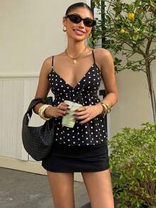 Muchica Áo hai dây cổ chữ V chấm bi phong cách thường ngày dành cho nữ, thích hợp cho kỳ nghỉ xuân/hè. - màu đen - Xem 5