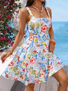 Vivid Eden Đầm ngắn hở lưng buộc dây in họa tiết trái cây dành cho nữ, kiểu dáng đi nghỉ mát. - Màu xanh nhạt - Xem 2