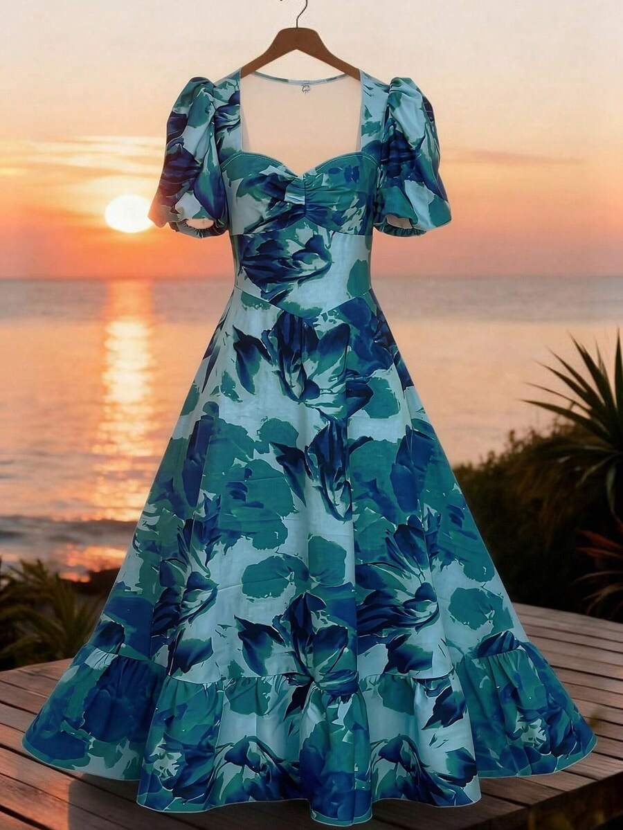 Elenzga Vestido elegante y romántico con cuello de corazón, mangas de pétalo y cintura recogida en línea A, adecuado para vacaciones - Multicolor - Ver 1