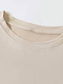 EMERY ROSE 女士休闲时尚创意棋盘格、卡通笑脸、滑板图案、趣味标语印花基础款短袖T恤 - 卡其色 - 查看 7