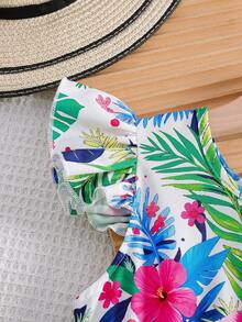 Elladie kids Robe décontractée élégante pour filles avec imprimé floral, col rond, manches évasées, dos ajouré, nœud décoratif à la taille, volants à l'ourlet. Convient pour les vacances et les voyages, l'été. - Blanc - Voir 6