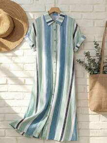 Breezaya Women's Light Blue Striped Summer Casual Shirt Dress,Loose Button-Down Maxi Dress,Elegant Holiday Vacation Beach Wear,Stylish Short Sleeve Outfits - Multicolor - View 7