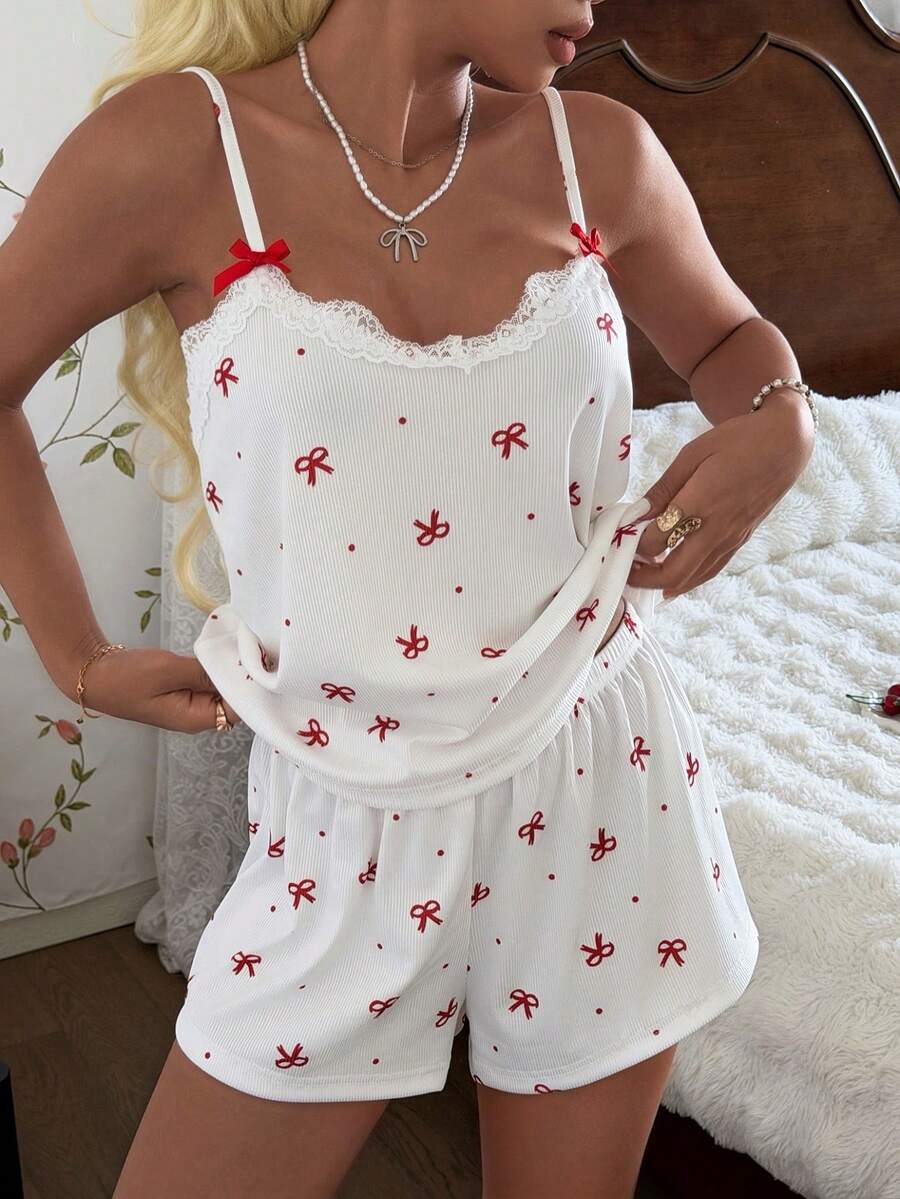 ZzzCrew 女士睡衣套装，针织罗纹面料，蝴蝶印花撞色蕾丝边，可爱性感吊带背心和短裤 - 白色 - 查看 1