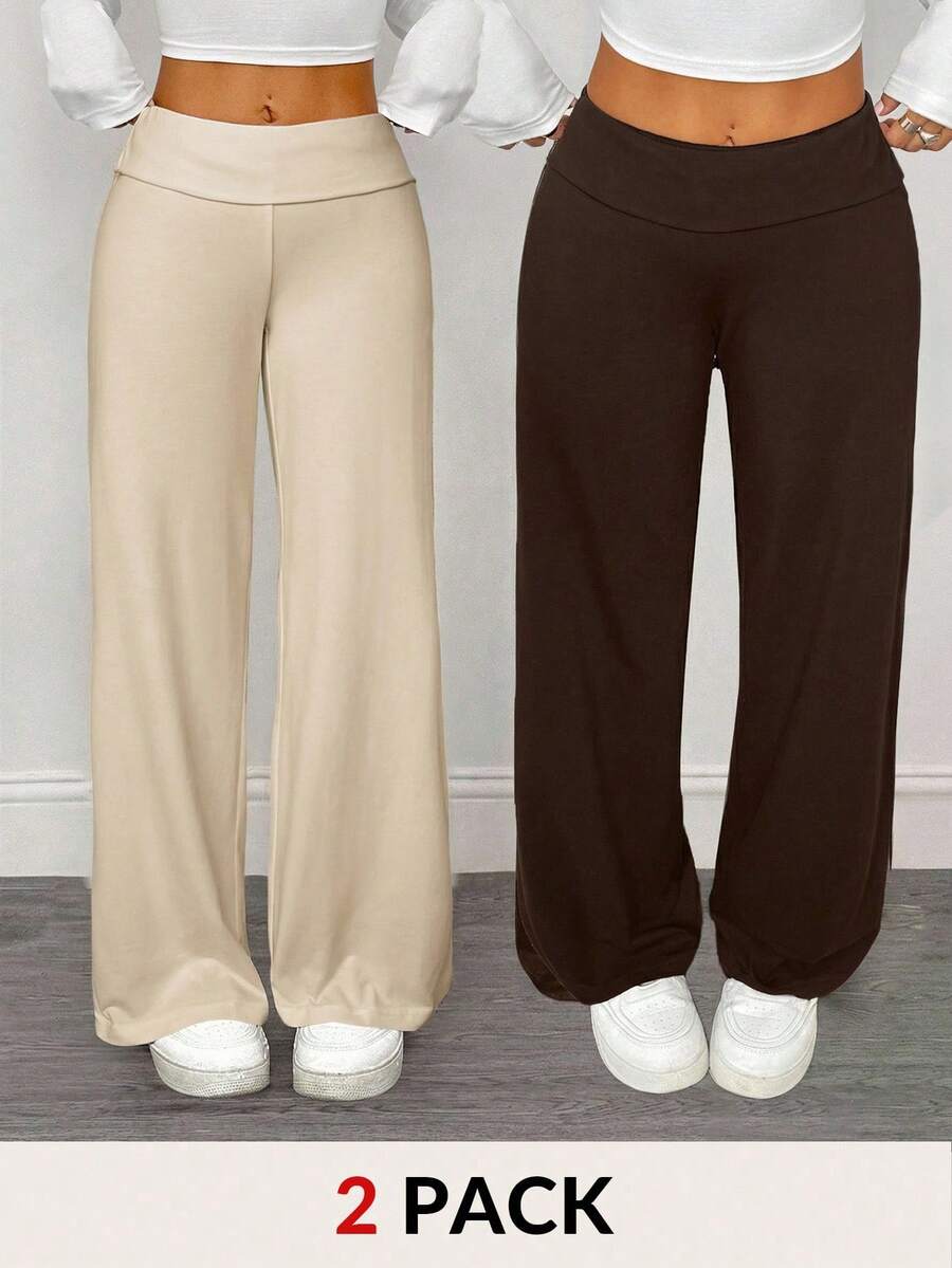 SHEIN PETITE 2 chiếc quần ống rộng cạp cao, gập gấu, dáng suông dành cho nữ, thích hợp cho mùa hè - Nhiều màu - Xem 1