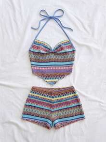 Soleia 春夏新款休闲度假西部海滩婚礼宾客着装毕业早午餐女装圣帕特里克节春假复活节音乐节优雅波西米亚热带彩色条纹吊带背心两件套 - 藍色 - 查看 5