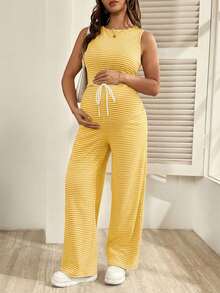 SHEIN 2pcs Atasan Bergaris untuk Ibu Hamil dan Celana Panjang Lebar dengan Pinggang yang Dapat Diatur, Pakaian Kasual Sehari-hari - Jeruk - View 6