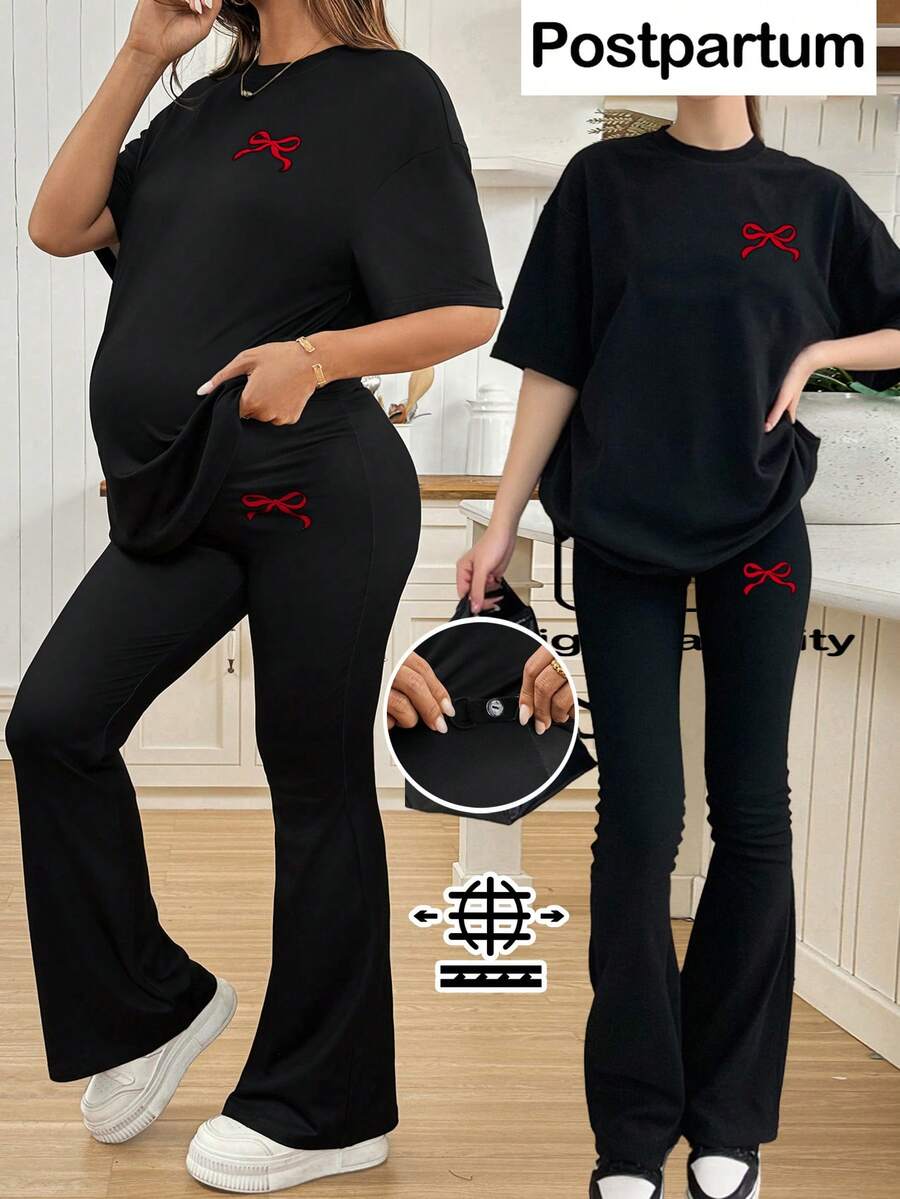 SHEIN Bow Print T-Shirt Paired With Adjustable Waist Slim Flare Pants, Solid Color Maternity 2 Pieces Set - Black - View 1
