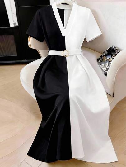 GlowEve CURVE 大码女式V领系带撞色休闲连衣裙