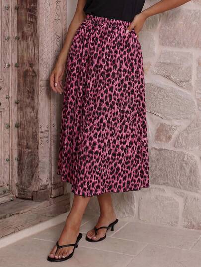 Juhart Plus Size Women's Leopard Print Flowy Skirt