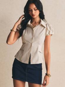 Poéselle Women's Cotton Blend Elegant Puff Sleeve Fitted Blouse | Cream Pinstripe Button Down Summer Work Tops,Women's Casual Commuting Bubble Sleeve Fitted Blouse, Summer,Comfortable,Natural Feel,Summer-Appropriate,Summer Top Blouse For Women Formal Casual Business Casual Women Tops Blouse Work Office Wear Women Outfits Shirts For Ladies Casual - Multicolor - View 5