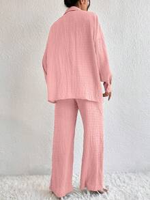 EMERY ROSE Women's Solid Color Single-Breasted Long Sleeve Top And Wide Leg Pants Casual 2 Pieces Set - Pink - View 3