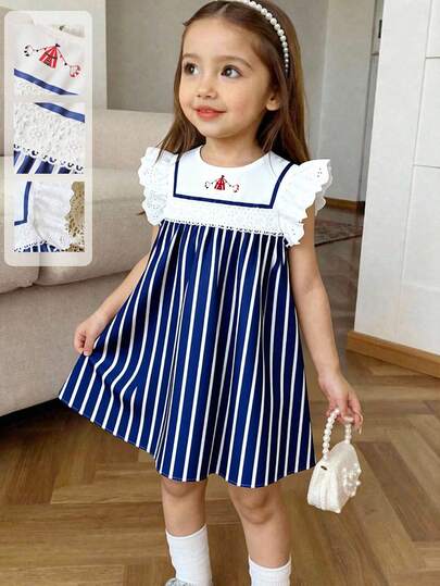 SHEIN Girls (Small) Spring/Summer Casual Fashion New Dress, Front Panel With Cute House Digital Print Pattern, White Hollow Lace Trim, White Lace Sleeveless Flutter Sleeves, Patchwork Striped Woven Hem, Round Neck Dress, Suitable For Young Girlin Spring/Summer, Cute, Korean Style, Minimalist, Suitable For Daily School, Outings, Parties, Holidays, Kids Stripe Dress Girl Casual Dress Blue And White Kids Girl Dress Girls Sailor Dress Navy Blue And White Dress