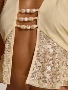 MUSERA Deep Plunge Beaded Sequin Ruched Open Back Halterneck Top Coord Top Only Cute Summer Spring Sexy Going Out Beach Holiday Vacation Honey Tides - Cream - View 6