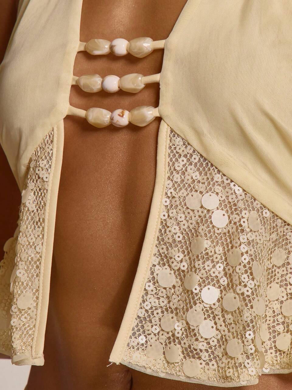 Tiefer Ausschnitt Perlen Pailletten Geraffter Rückenausschnitt Neckholder Top Coord Top Nur Süß Sommer Frühling Sexy Ausgehen Strand Urlaub Elegant Honey Tides