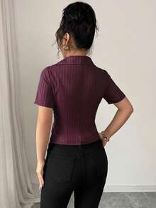 Elenzga Áo sơ mi nữ kẻ sọc cổ chữ V cài cúc dáng chữ A tay ngắn, phong cách đường phố Pháp cổ điển thanh lịch, tối giản, đa năng, phù hợp cho các dịp thường ngày, công sở, du lịch, xuân/hè. - Màu Tím - Xem 2