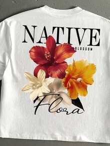 StoneGrade 彩色花卉手写字体休闲印花白色短款宽松短袖T恤，约会聚会必备，时尚百搭，适合作为送给男友的礼物 - 白色 - 查看 3