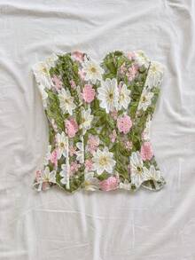 Soleia 女款抹胸蕾絲白色花卉束腰上衣，夏季鄉村風茶會鏤空刺繡修身上衣，夜店穿搭 - 彩色 - 查看 5