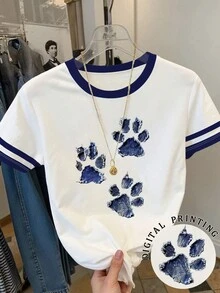 Resyla Áo thun nữ tay ngắn cổ tròn in hình dấu chân động vật, kiểu dáng thường ngày, đa năng. - trắng - Xem 1