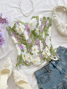 Soleia 欧美性感露肩蕾丝双层修身束身胸衣上衣，镂空刺绣上衣，ins风白色夜店装扮，适合外出、婚礼宾客等场合，秋冬季 - 彩色 - 查看 3