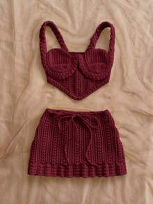 Soleia Bộ đồ hai mảnh gồm áo hai dây croptop móc len gợi cảm và chân váy cạp thấp, thích hợp cho lễ hội âm nhạc, phong cách bohemian, kỳ nghỉ, hẹn hò, tiệc trà chiều. - Màu Đỏ Sâu - Xem 7