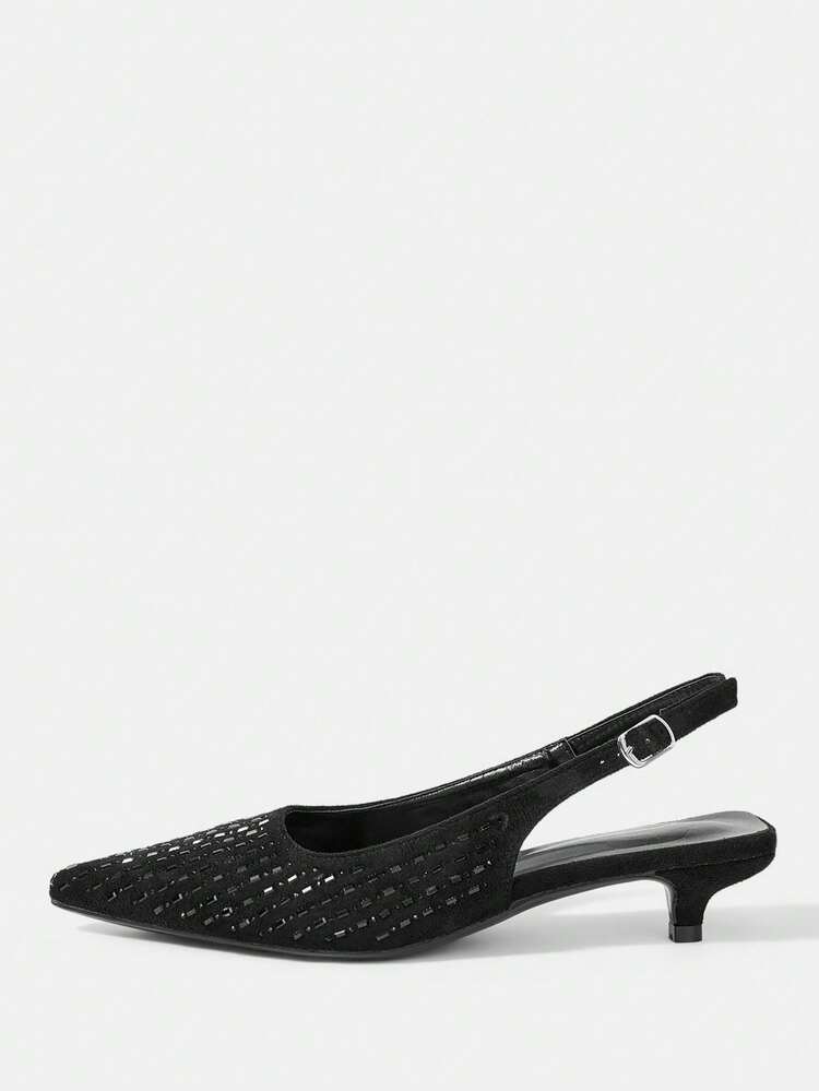 CUCCOO HITCHD Black Low Vamp Kitten With Suede Rear Strap Pointed Dress Shoes