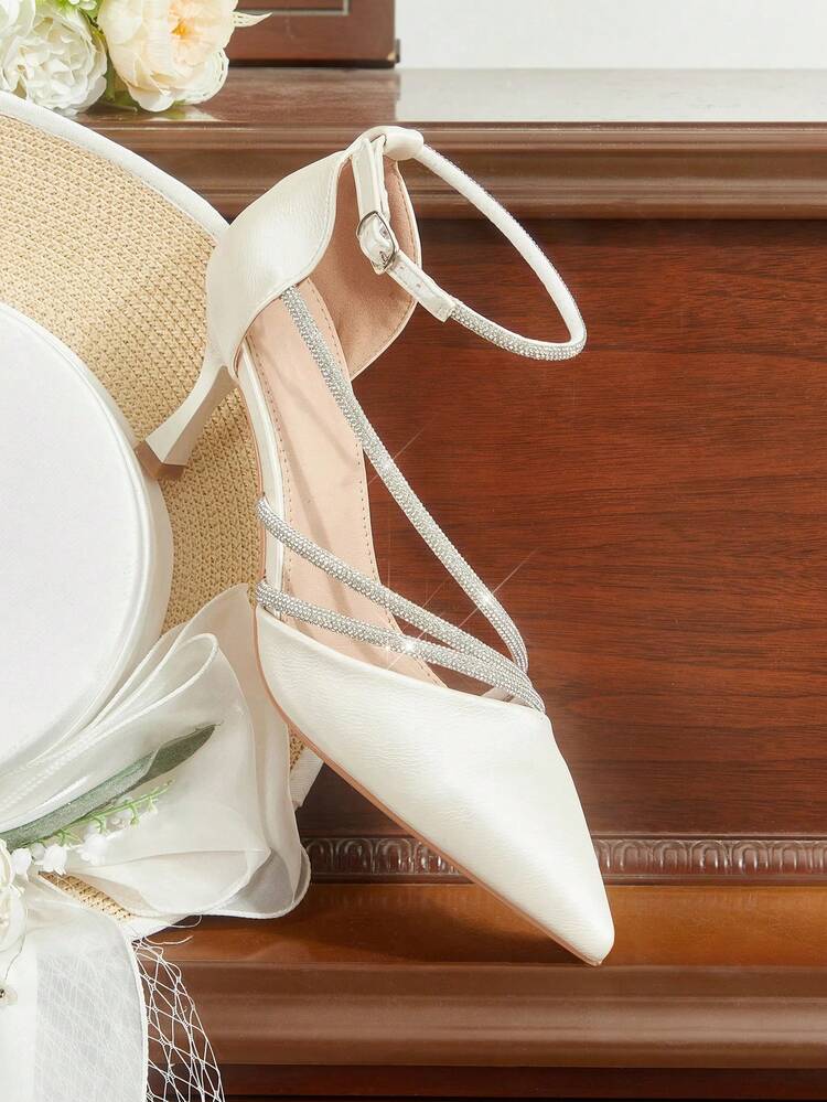 CUCCOO HITCHD Women's High Heel Pumps, Elegant White Pointed Toe Stilettos With Rhinestone Decor Buckle, Suitable For Work And Party