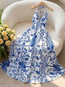 Lyxana Women's Blue & White Printed High-Design V-Neck Backless Tie Maxi Dress, Casual Vacation Style, Suitable For Valentine's Day, Easter, Labor Day, Birthday, Date, Party, Beach, Travel, Spring & Summer - Blue and White - View 3