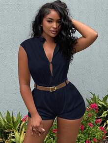 Alexandranx HIGH NECK SOLID POCKET JUMPSUIT WITH BELT - Navy Blue - View 5