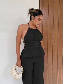 Maria Perezxox French Style Loose Solid Color Waist Tie Halter Relaxed Fit Wide Leg Casual Two Pieces Set For Women - Black - View 4