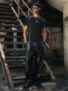 PAVTROS Men's Comfortable Star Print Contrast Stitching Slim Fit Short Sleeve T-Shirt Compression Shirts For Men Running Shirt For Men Rashguard For Men Pro Club Tshirt For Men - Black - View 4