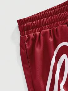 ROMWE MEN Prep Men's Letter Print Patch Elastic Waist Shorts, Suitable For Summer - Burgundy - View 5