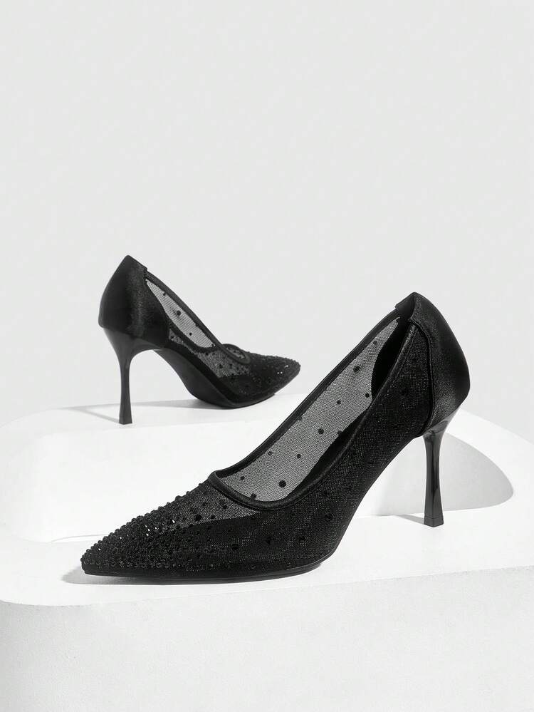 CUCCOO SZL Women's Fashion Pointed Crystal/Rhinestone Gold Powder Mesh Stitching Party Dinner Stiletto High Heels Shoes