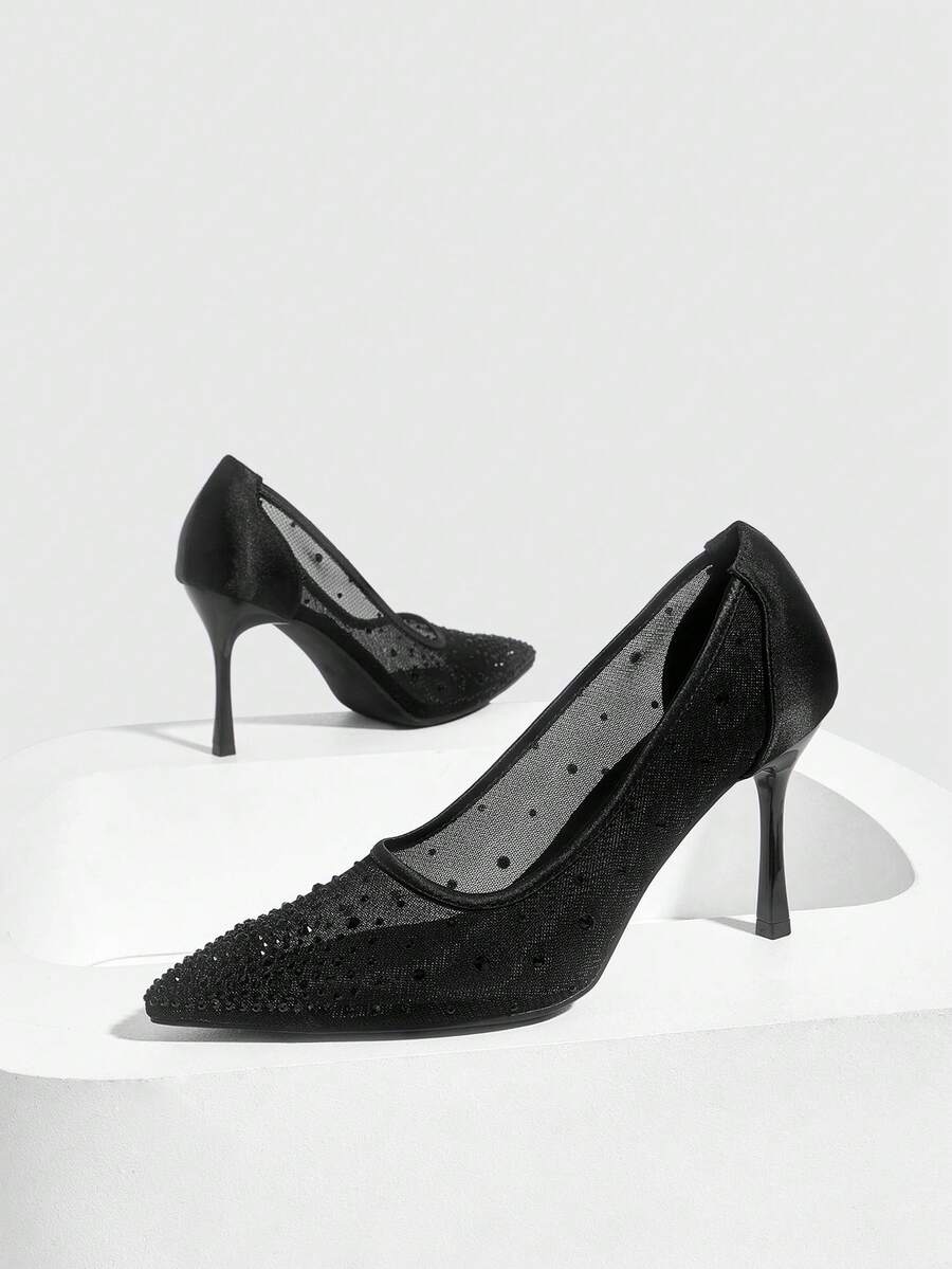 CUCCOO SZL Zapatos de tacón alto de stiletto para fiesta y cena con punta de cristal/strass y malla con acabado dorado para mujer - Negro HS - Ver 1
