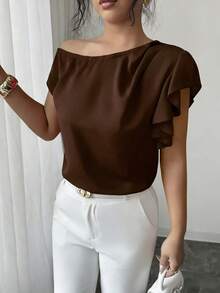 Ellegaria. Asymmetric Open Shoulder Top/Ruffle Trim + Single Shoulder Exposed Fashionable Elegant Sexy Blouse - Brown - View 4