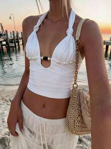 Aloruh Camiseta de tirantes con cuello halter y fruncido con lazo delantero en color bliso, adecuada para primavera/verano y vacaciones en la playa - Blanco - Ver 2