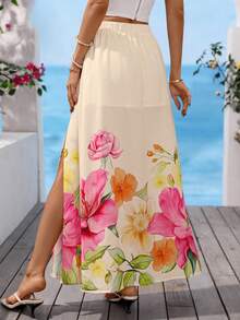 Vivid Eden 女士碎花开衩休闲度假裙 - 杏色 - 查看 2