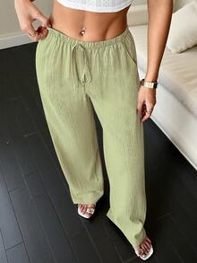 Women's Solid Color Wide-Leg Pants With Pockets And A Tie At The Waist - Limelight Green - View 4
