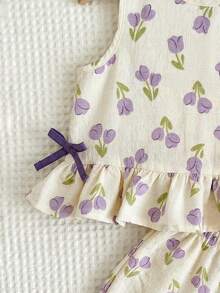 SHEIN LMoss Kids 女嬰花卉印花鈕扣設計上衣與褲子套裝 - 彩色 - 查看 6