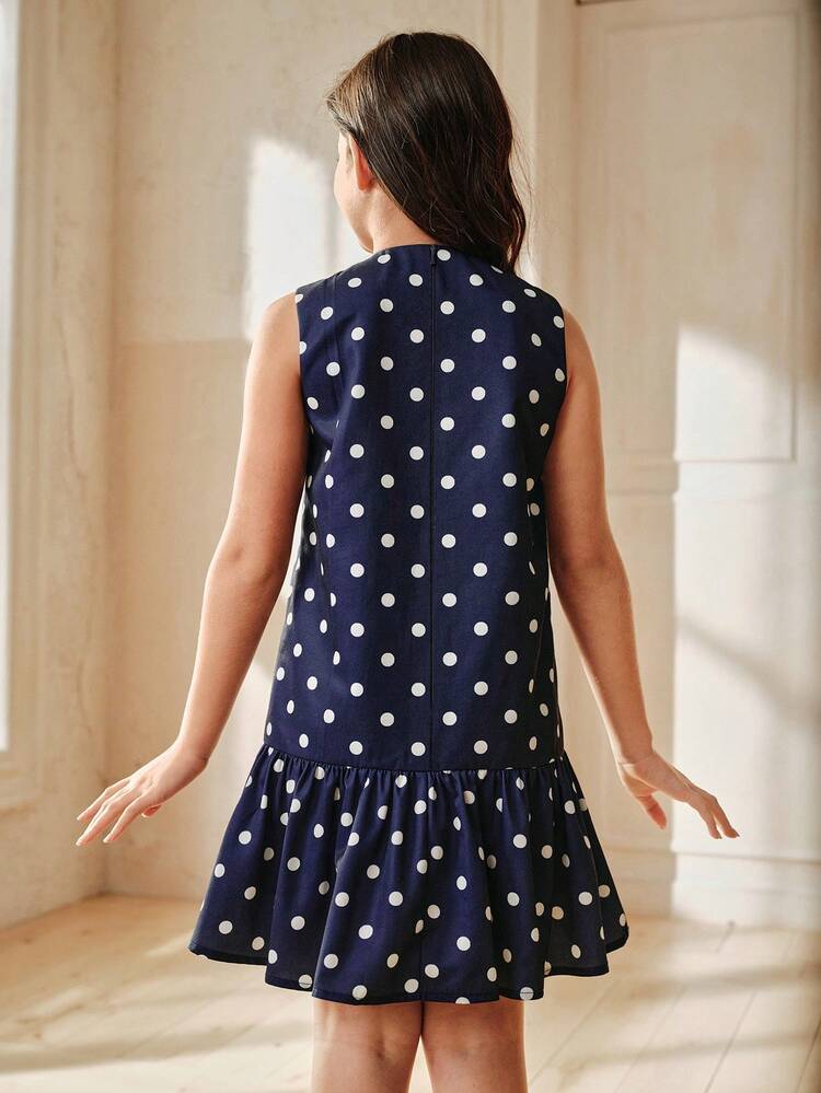 Tween Girl Navy Blue Polka Dot Sleeveless Mermaid Dress