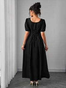 SHEIN Asymmetric Shoulder Ruched Waist A-Line Elegant Romantic Maternity Dress, Comfortable - Black - View 2