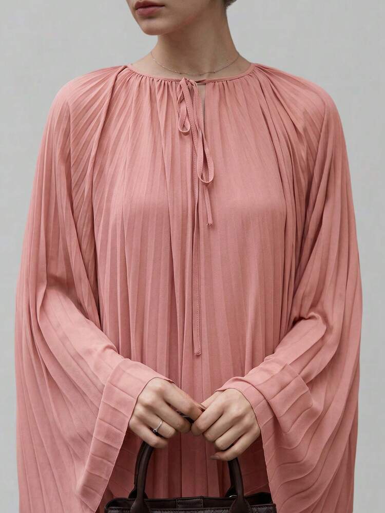 Women's Dusty Pink Autumn Elegant Dinner Maxi Dress,Wrinkle-Resistant Chiffon Round Neck Batwing Sleeve Pleated Flowy Oversized Business Office Wear