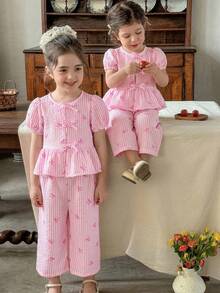 LMoss Kids 2pcs Baby Girl Woven Striped Petal Sleeve Casual Shirt And Loose Fit Pants Set - Multicolor - View 6