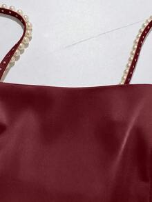 SHEIN Franclia 优雅珍珠装饰高开衩吊带连衣裙，夏季 - 紅色 - 查看 4