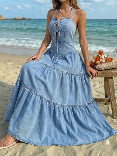 Sunnyshic Casual Backless Halter Neck Denim Dress For Women