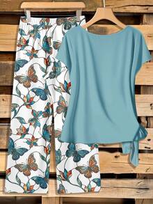 EMERY ROSE 两件套休闲简约绿色领结衬衫和宽松直筒蝴蝶印花裤套装，适合初秋穿着 - 水鴨藍 - 查看 2