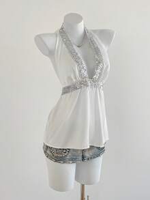 Elamini 性感亮片装饰露背吊带上衣，夏季 - 彩色 - 查看 3