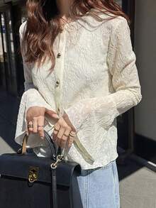 FRIFUL Women's Round Neck Lace Fabric Fitted Flare Sleeve Solid Color Casual T-Shirt - Apricot - View 2