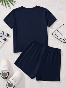 Conjunto de camiseta e shorts de manga curta com estampa de laço rosa e cerejas, azul marinho, para adolescentes. Ideal para primavera/verão, volta às aulas, estilo anos 2000, clima de férias e momentos relaxantes de verão. - Multicolorido - Ver 3