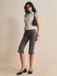 Poéselle 女士休闲侧扣裤 - 灰色 - 查看 6